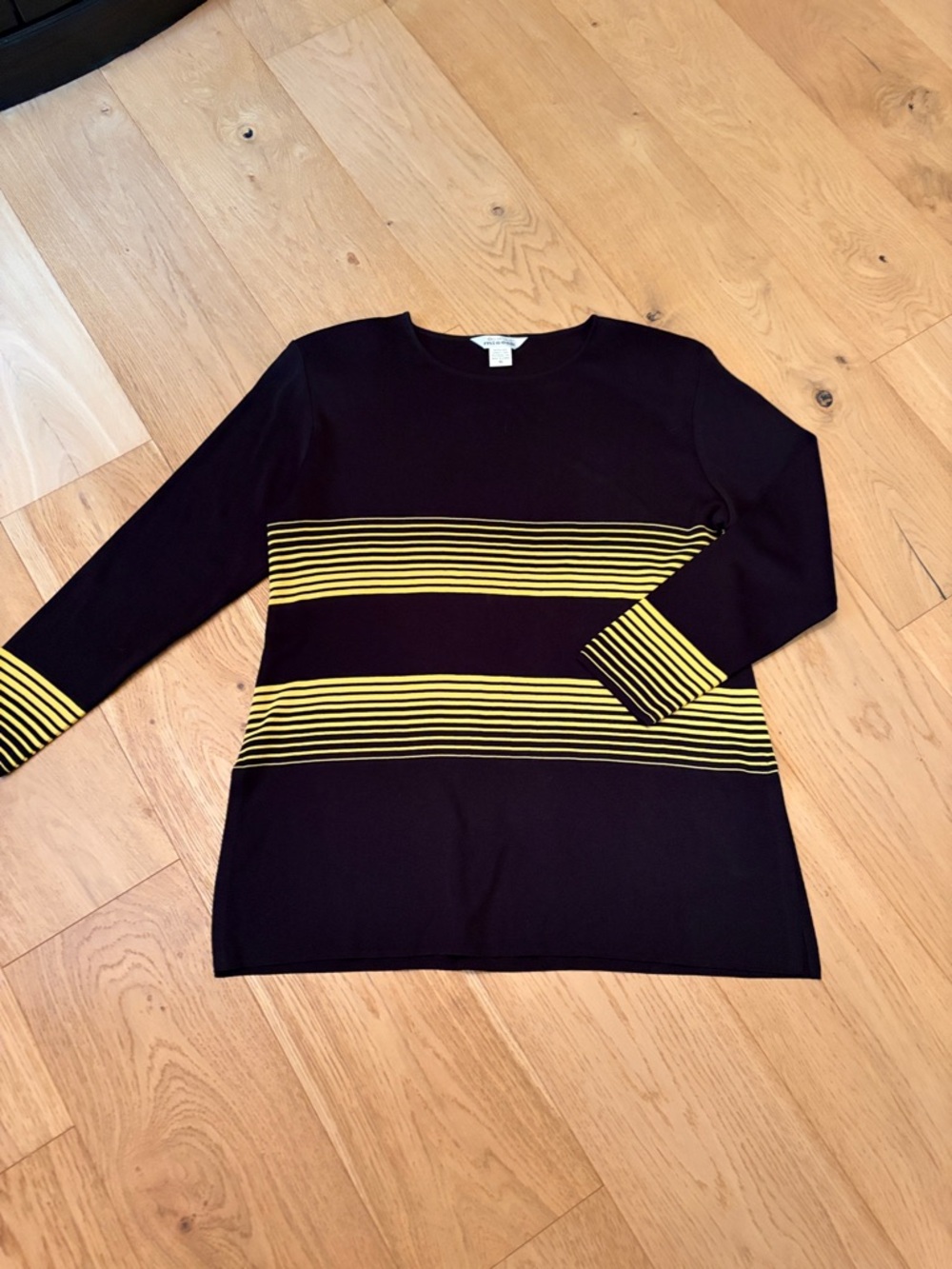 Misook Black Sweater with Yellow Stripes